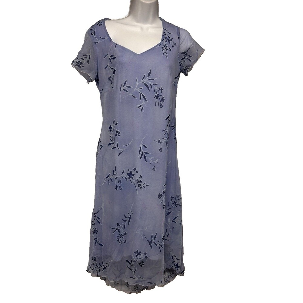 VTG Y2K Believe Sheer Floral Lined Midi Dress Size 8 Blue Lettuce Hem Fairy